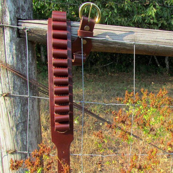 LEATHER AMMO BELT, HUNTING;  32"- 37" WAIST, 2.5" WIDE, BRASS BUCKLE; HUNTER'S - Picture 4 of 11